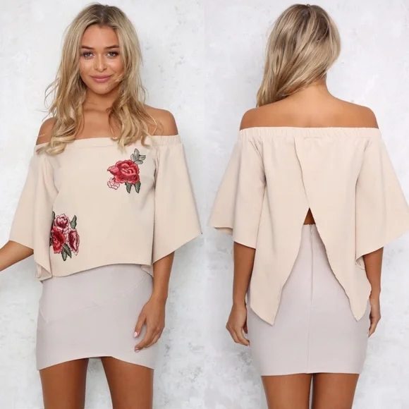 Off Shoulder Split Back Ruffled Sleeve Rose Floral Embroidered Blouse - Picture 1 of 8